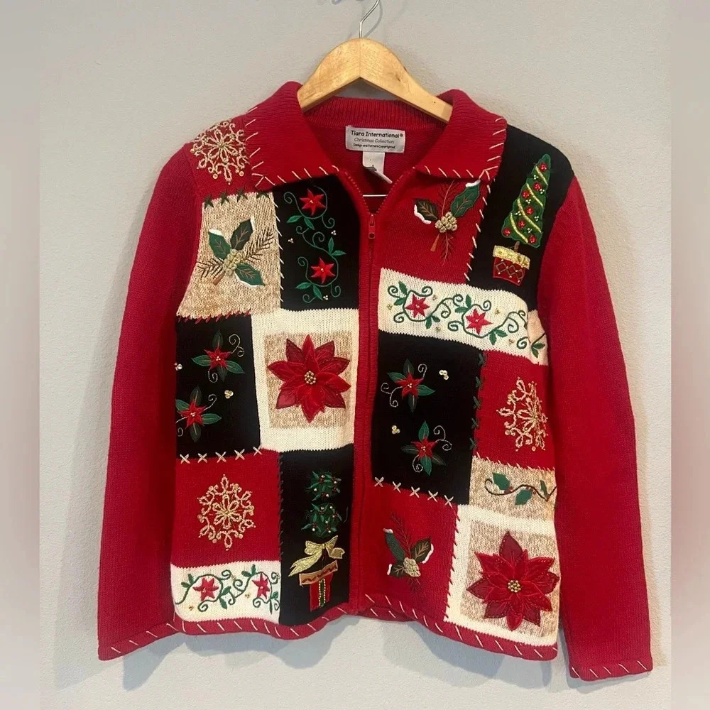 Vintage‎ Tiara International Women's Red Christmas Zip Up Jacket Size Small